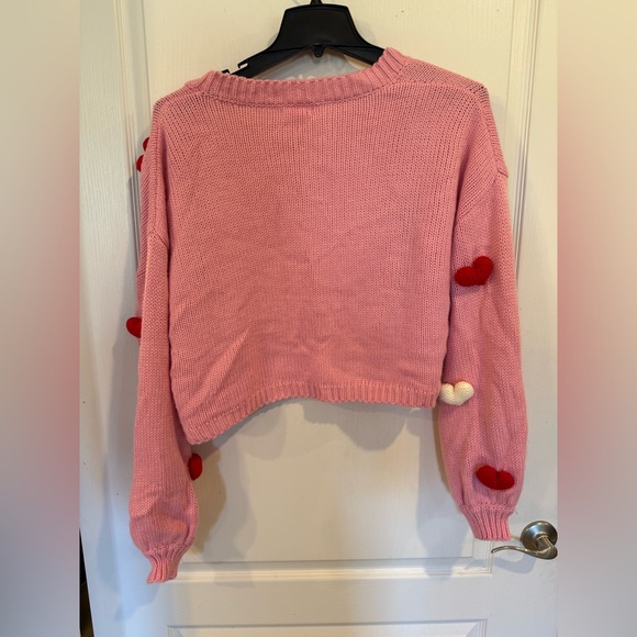Main strip women’s Pink 3D red white Heart cropped Knit Cardigan side large - Picture 3 of 6